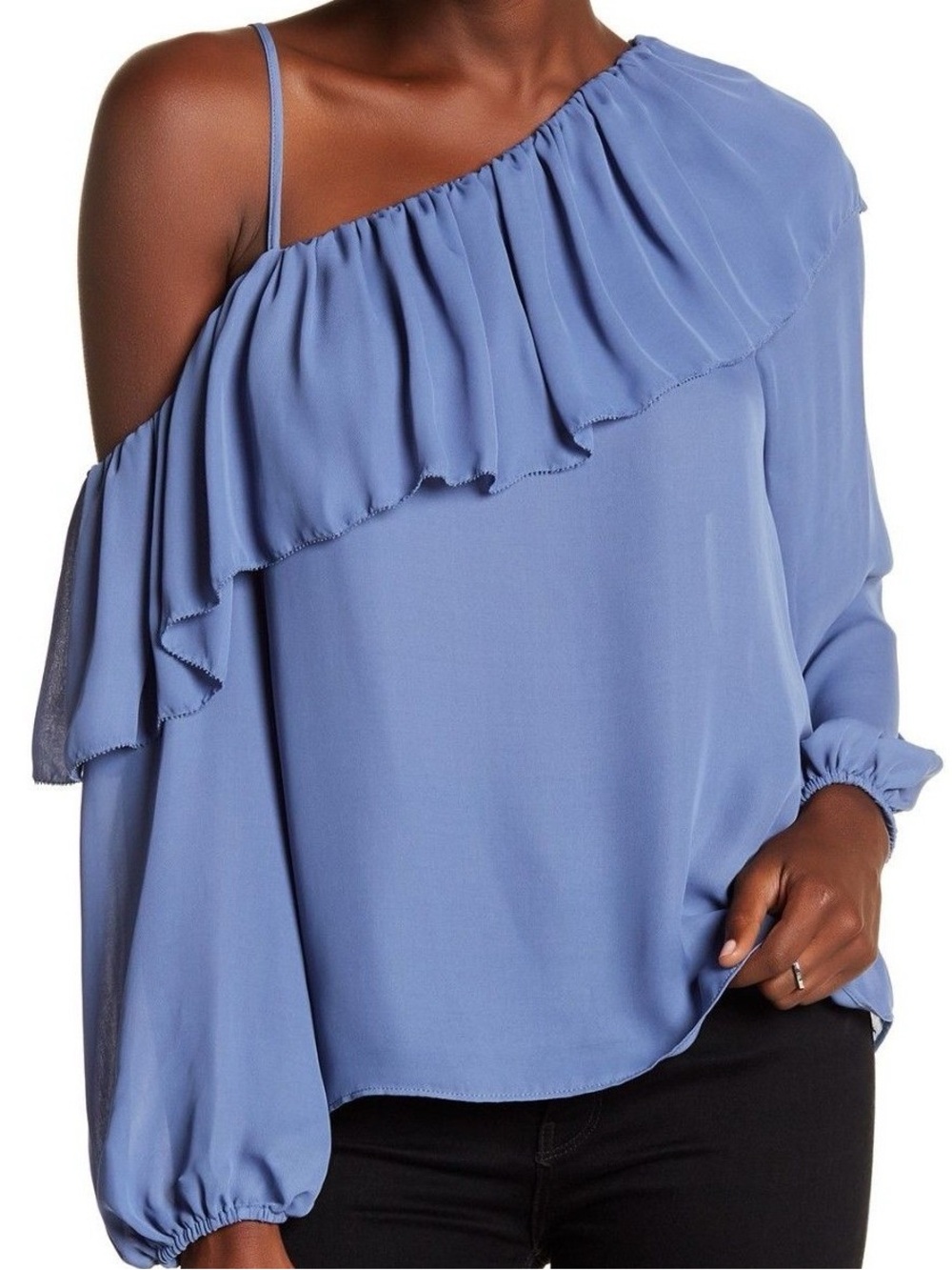 Parker Silver Lake One Shoulder Ruffle Blouse Blue Long Sleeve Top Size S